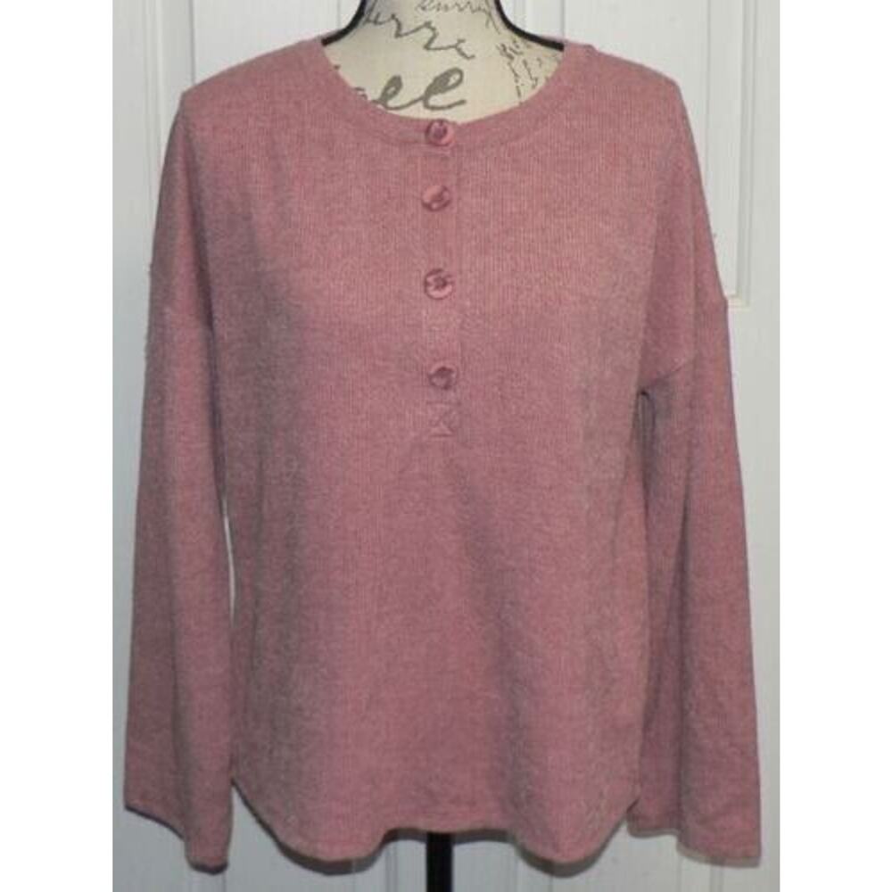 Gibsonlook‎ Women's Long Sleeve Ribbed Knit Henley Top In Pink Small MSRP $59